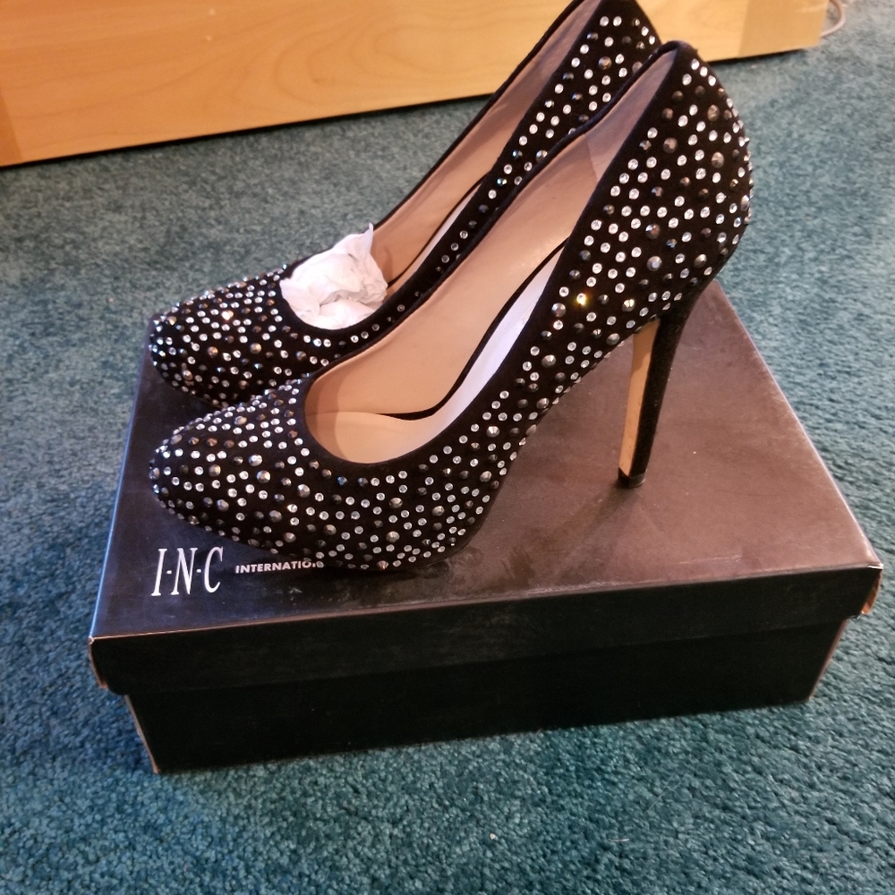 INC Lilly2Blk Sparkly Gemstone Heels